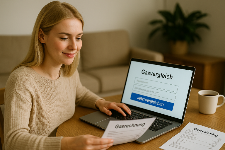 Gasvergleich am Laptop – Gasrechnung prüfen und sparen Frau sitzt am Laptop und prüft ihre Gasrechnung mit einem Gasvergleich.