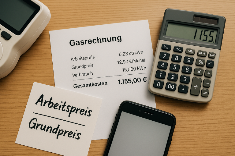 Gasrechnung verstehen – Arbeitspreis und Grundpreis im Blick Gasrechnung, Taschenrechner und Notizen mit Arbeitspreis und Grundpreis.