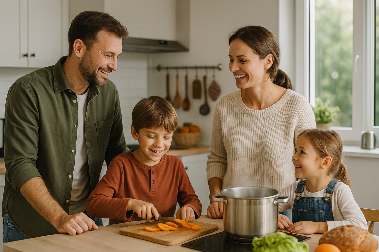 Nachhaltig leben und dabei die Stromkosten im Blick behalten. Familie in heller Küche, kocht gemeinsam und spricht über Energiekosten.