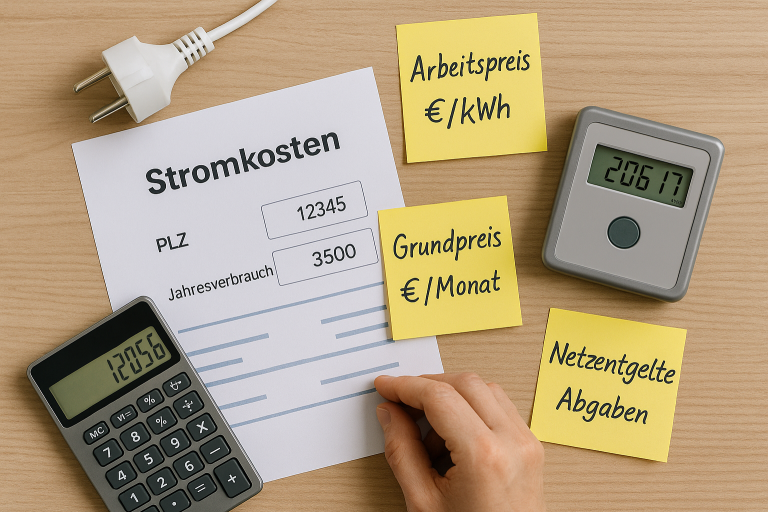Arbeitspreis, Grundpreis, Abgaben – so setzt sich dein Endpreis zusammen. Stromkosten-Übersicht mit Arbeitspreis, Grundpreis und Netzentgelten neben Taschenrechner