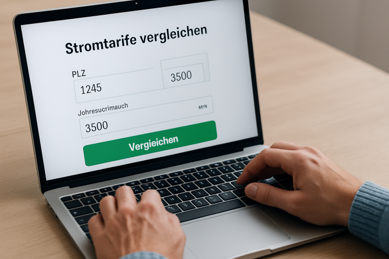 Daten eingeben, Tarife vergleichen, online wechseln. Nahaufnahme eines Laptops mit Stromrechner: Eingabe von PLZ und Jahresverbrauch.