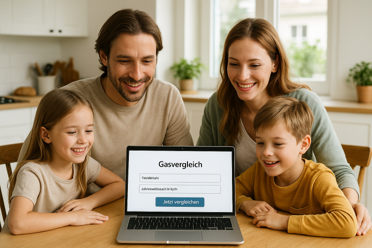 Gasvergleich für die ganze Familie – gemeinsam Kosten senken Familie in moderner Küche prüft Gasvergleich am Laptop