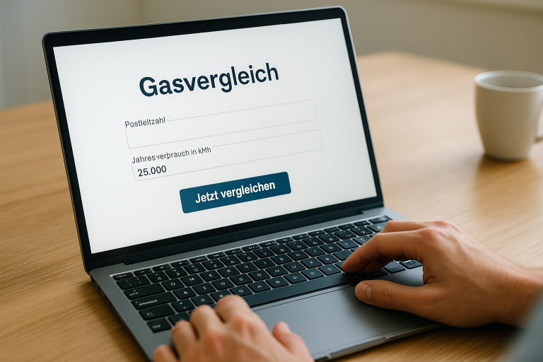 Gasvergleich online starten – Postleitzahl und Verbrauch eingeben Laptop zeigt Gasvergleichsformular mit Eingabe Postleitzahl und Jahresverbrauch.