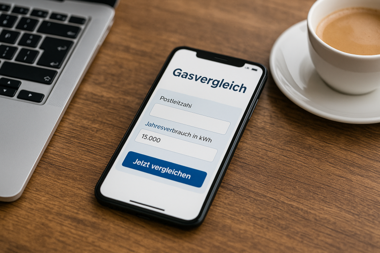 Gasvergleich mobil – Tarife per Smartphone vergleichen Smartphone mit Gasvergleich-App liegt auf Tisch neben Laptop und Kaffee.