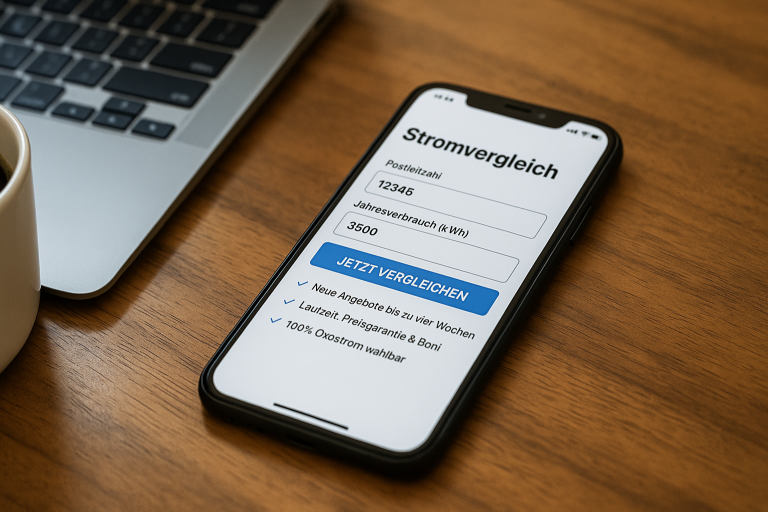 Strompreise mobil prüfen und mit einem Tipp wechseln. Smartphone mit Stromvergleich-App auf einem Tisch neben Laptop und Kaffeetasse.